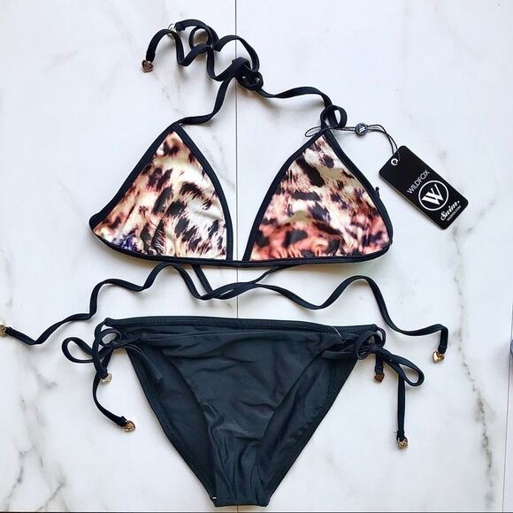 Wildfox Cheetah Print Reversible Black Bikini Set - Picture 1 of 5